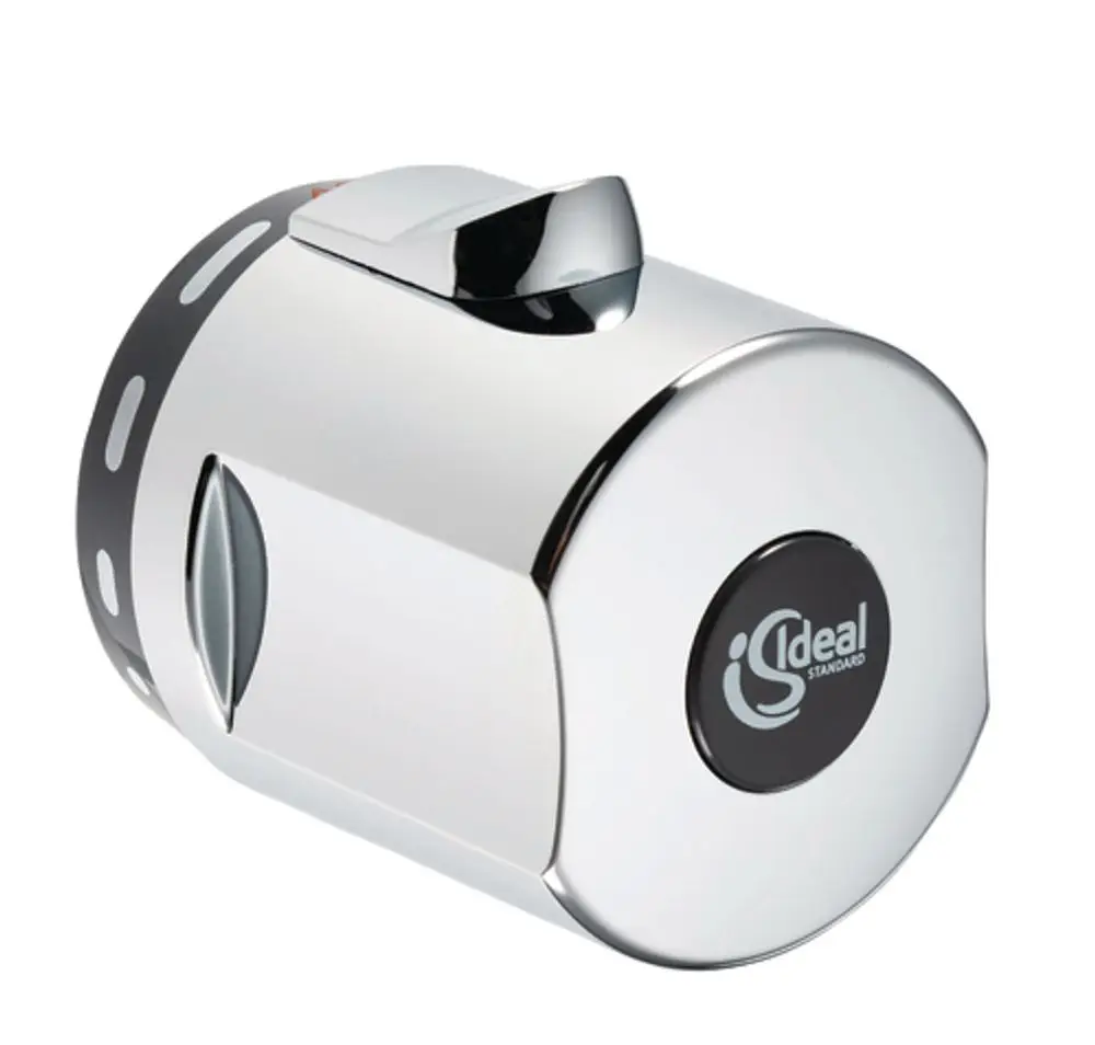 Chromfarbener Temperaturgriff mit runder Form und seitlichem Hebel, versehen mit dem Logo von Ideal Standard.